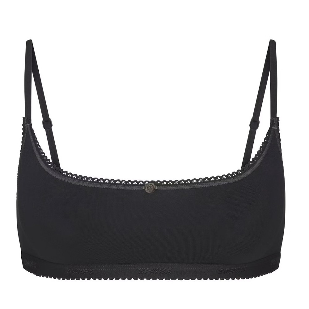 Skims Light Weight Cotton Logo Picot Scoop Bralette Soot Black XL BR-BRL-11450W